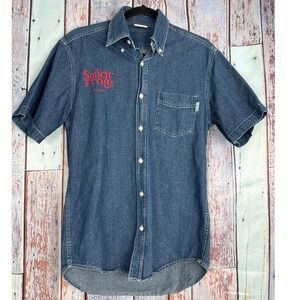 Senor Frogs Cancun Denim Shirt Mens Medium Blue Short Sleeve No Rules Vintage